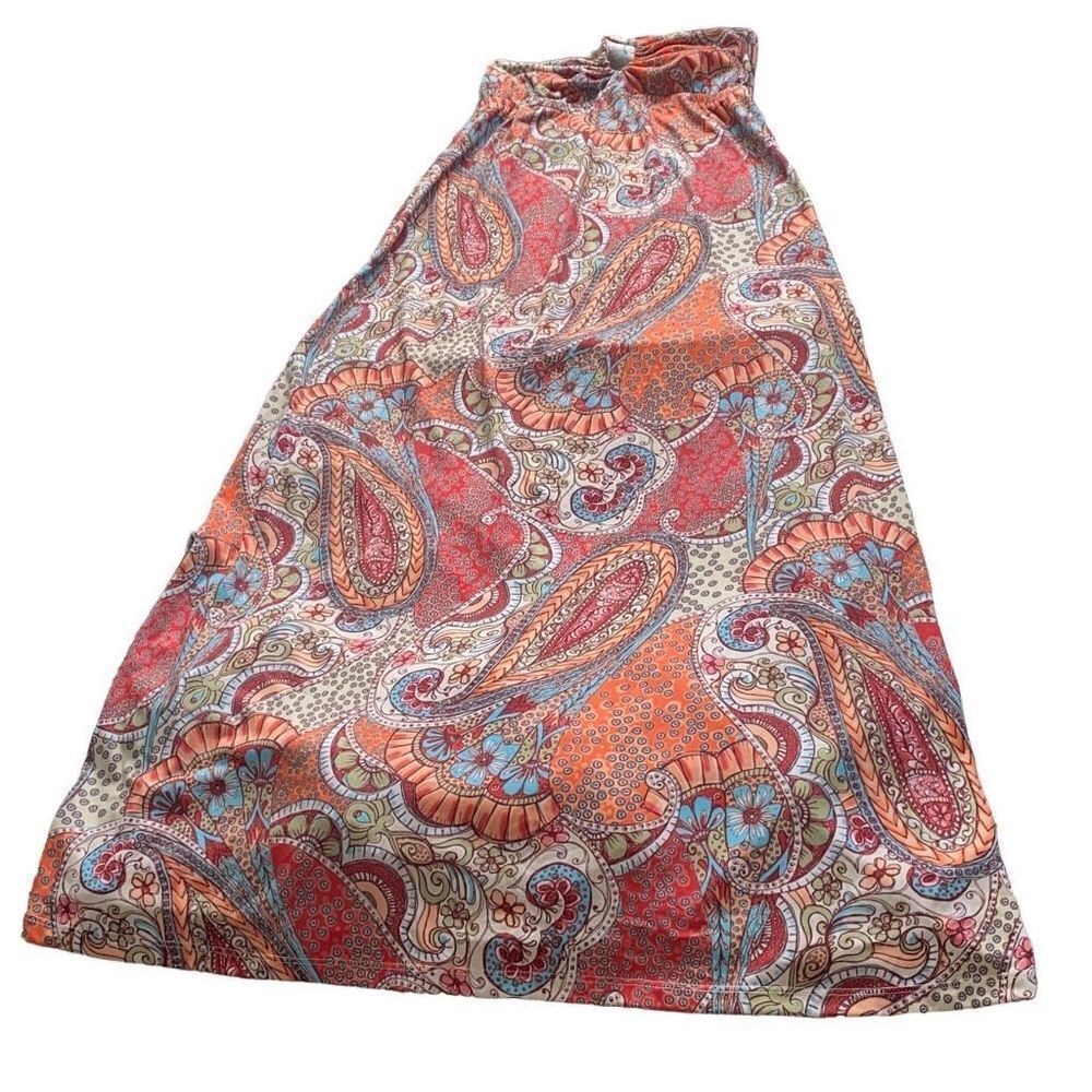 6 Degrees Halter Maxi Dress Psychedelic 60s Bohemian Print Orange Multicolor Med